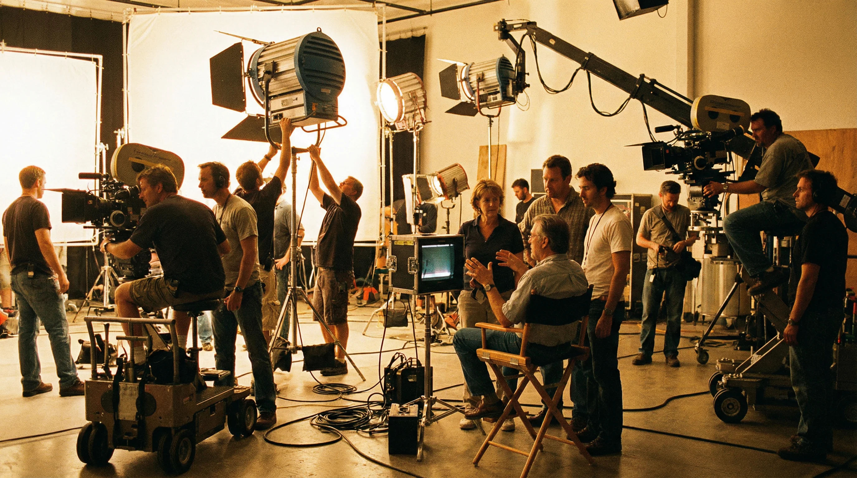 蜜桃传媒专业影视制作团队在摄影棚内紧张有序地工作